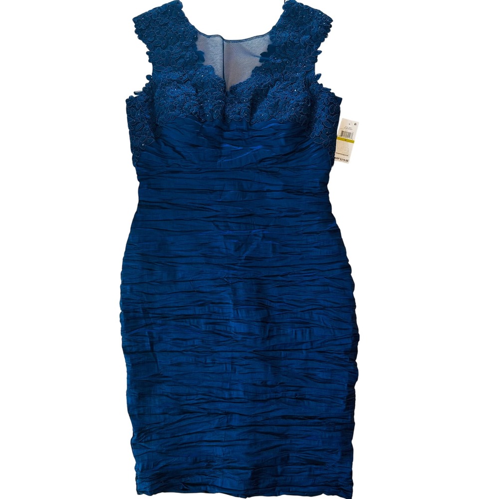 Adrianna Papell Navy Blue‎ Lace Beaded Sleeveless Cocktail Party Dress